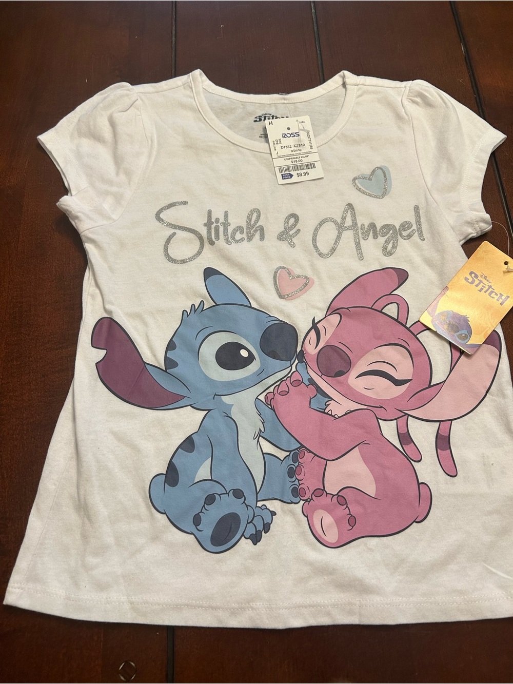 Disney White Tee with Blue Stitch & Pink Angel Graphic